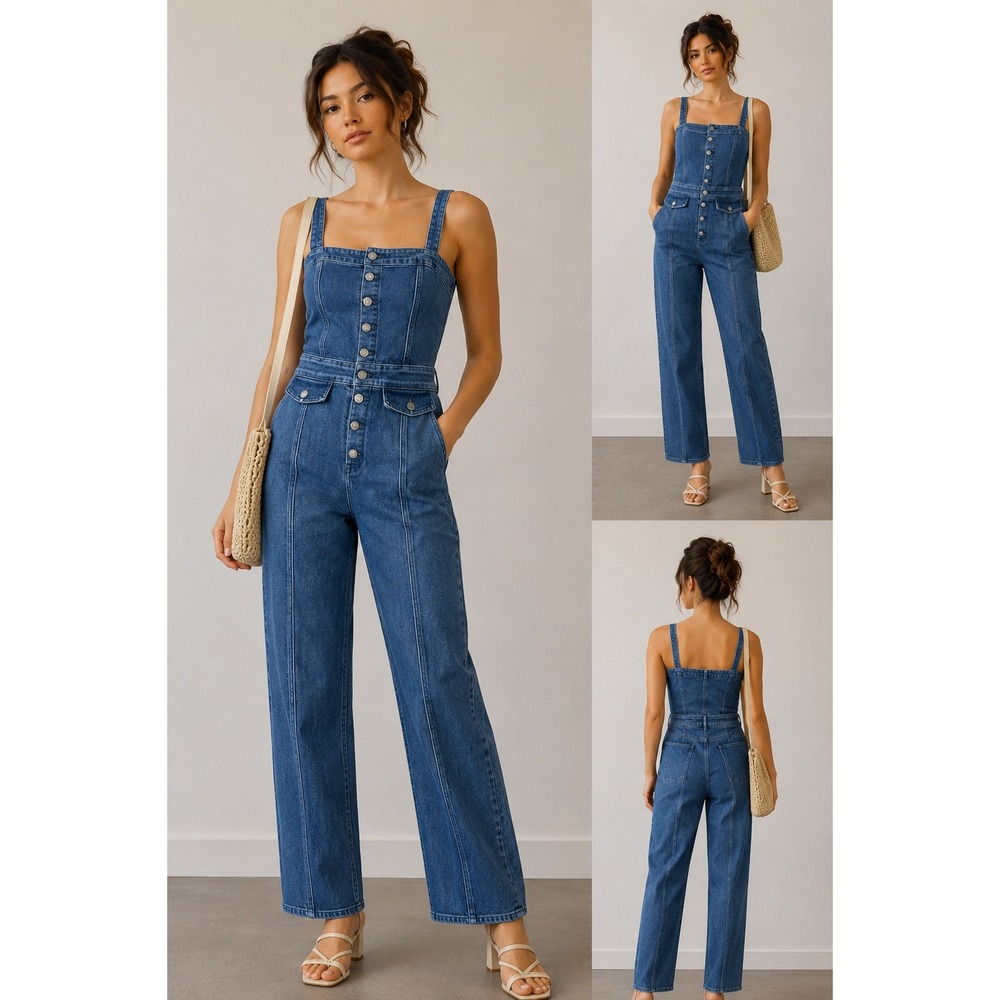 GRLFRND Denim Jumpsuit Medium Blue Button Front Straight Leg Utility Romper M